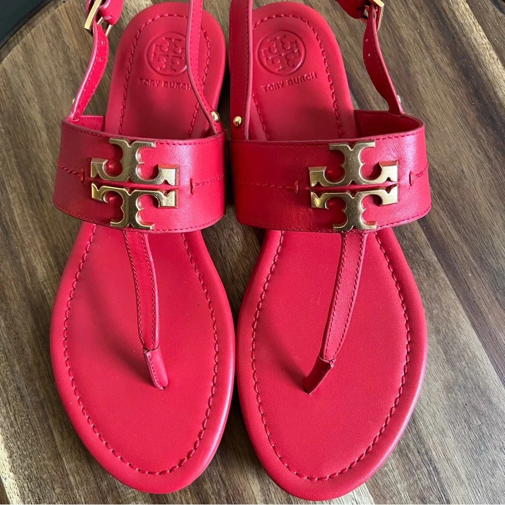 Tory Burch Eleanor T-Strap Sandals Red Leather US7